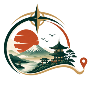 logo de viagens com paisagem e bússola